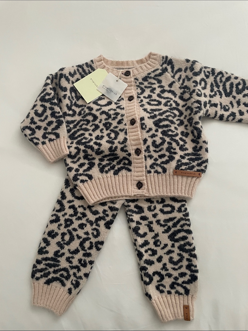 Piupichick Leopard Knit Cardigan & Jogger Set - Beige and Black